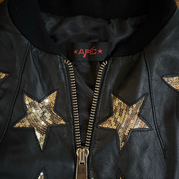 Leather Bomber Jacket with Gold Star Pattern - Picture 5 of 7